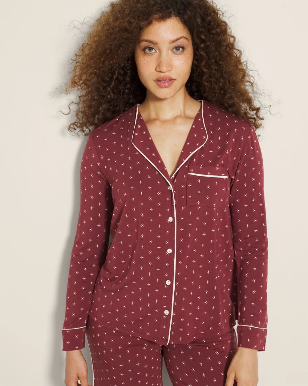 Piped Long-Sleeve Notch Pajama Top | Soma